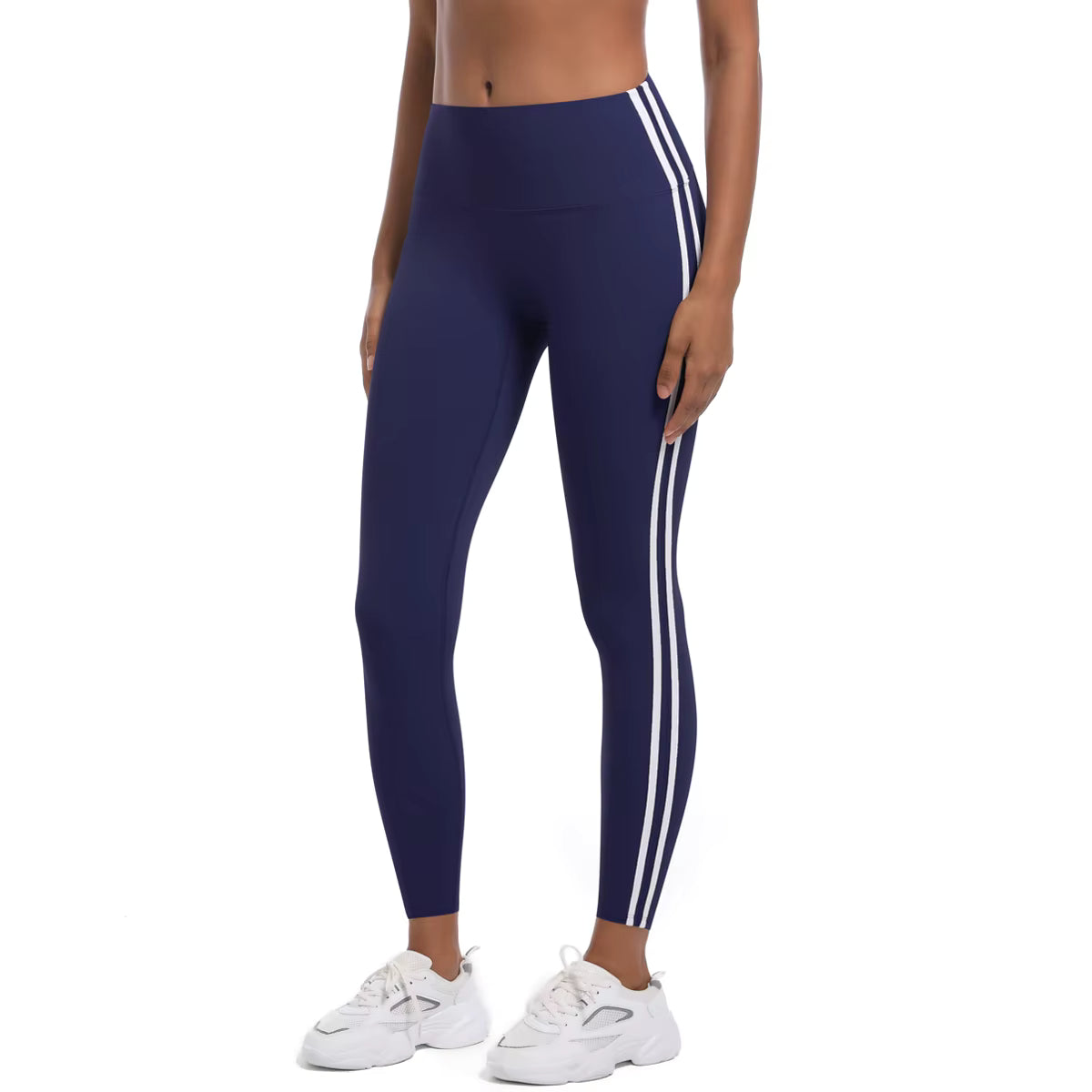 Legging de sport femme bleu marine taille haute avec bandes latérales et coupe ajustée

