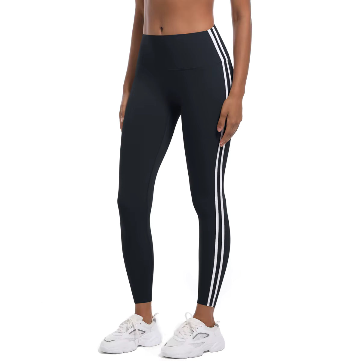 Legging de sport femme noir taille haute avec bandes latérales et coupe ajustée
