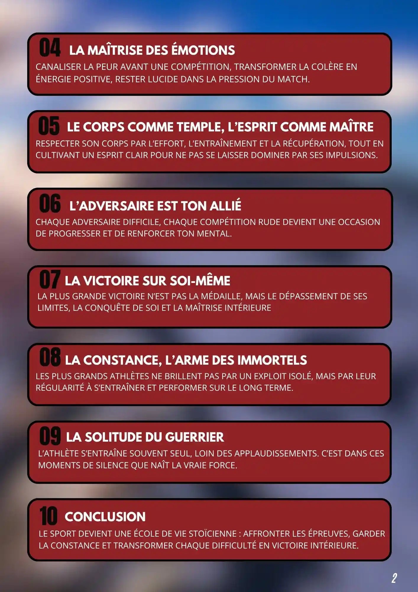 Page du livre Sport & Stoïcisme – Forger un mental d’acier pour la victoire, présentant les chapitres sur la maîtrise des émotions, la constance et la victoire sur soi-même, symbole de résilience et de discipline intérieure.