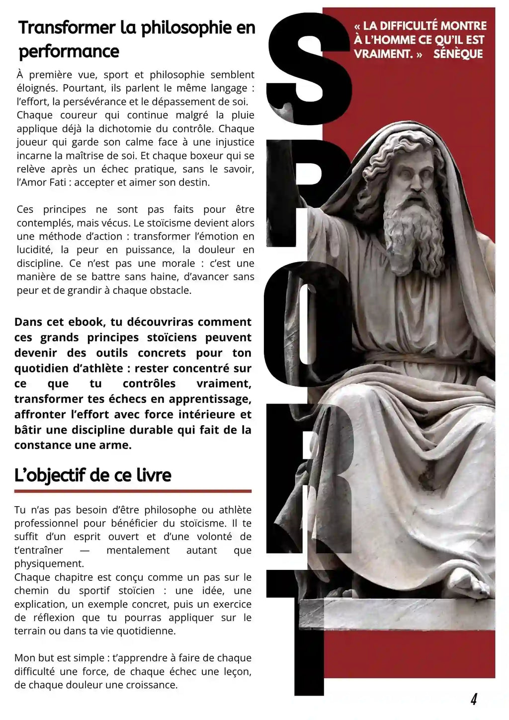 Page du livre Sport & Stoïcisme – Forger un mental d’acier pour la victoire, présentant la philosophie stoïcienne appliquée au sport, avec la citation de Sénèque « La difficulté montre à l’homme ce qu’il est vraiment », symbole de persévérance et de force intérieure.