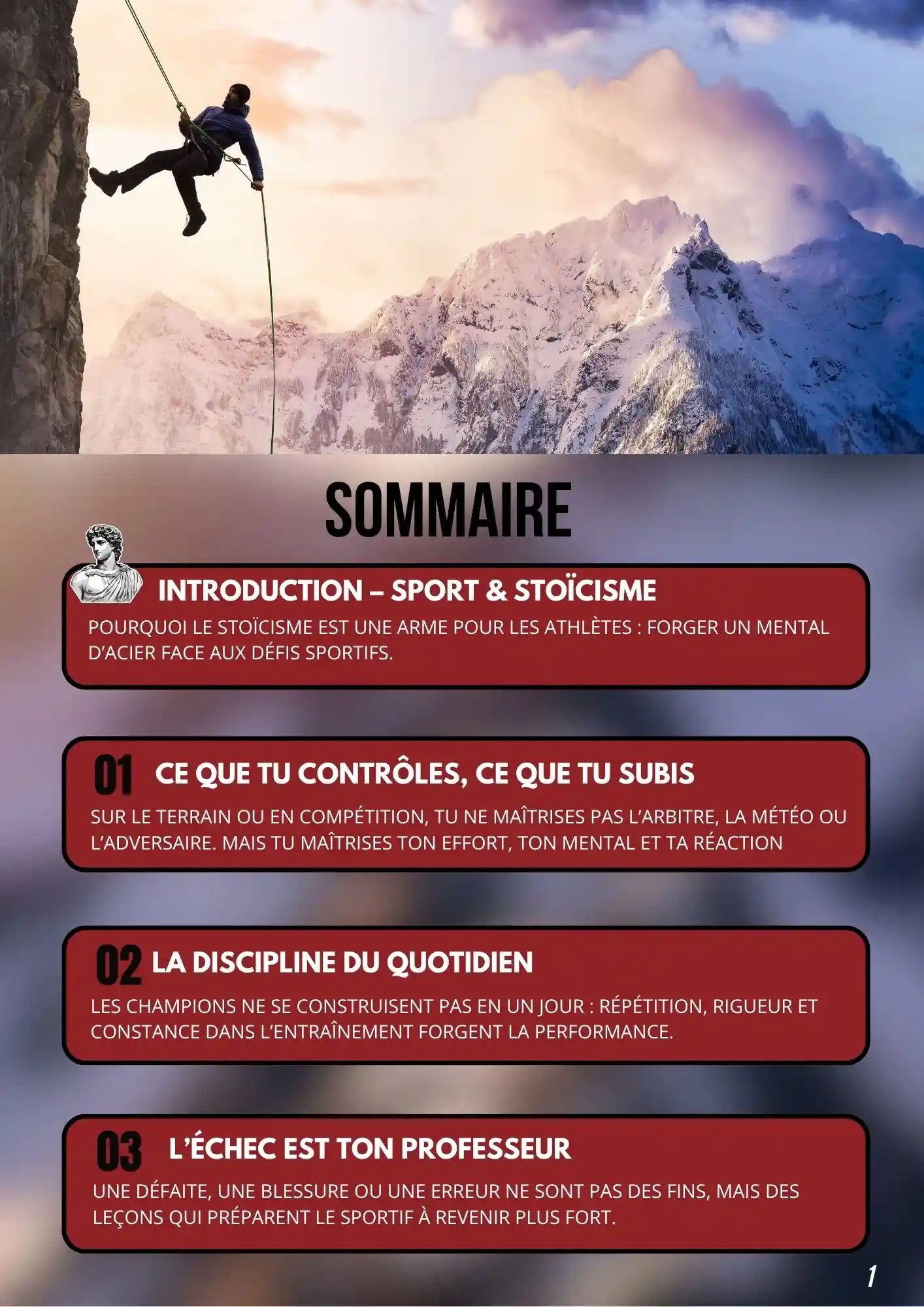Illustration du livre Sport & Stoïcisme – Forger un mental d’acier pour la victoire, montrant un alpiniste suspendu à une falaise, symbole de courage, de persévérance et de dépassement de soi.
