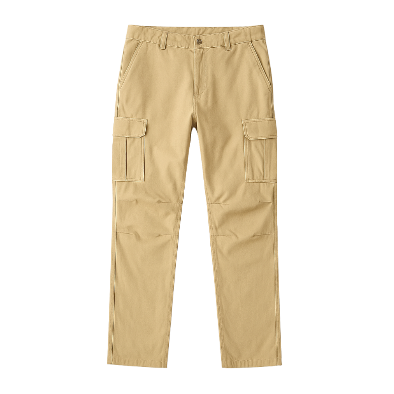 Pantalon cargo homme 100% coton couleur champagne vue face, coupe loose avec poches latérales cargo pour travail et randonnée
