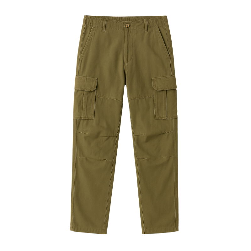 Pantalon cargo homme 100% coton vert armée vue face, coupe ample avec poches latérales cargo
