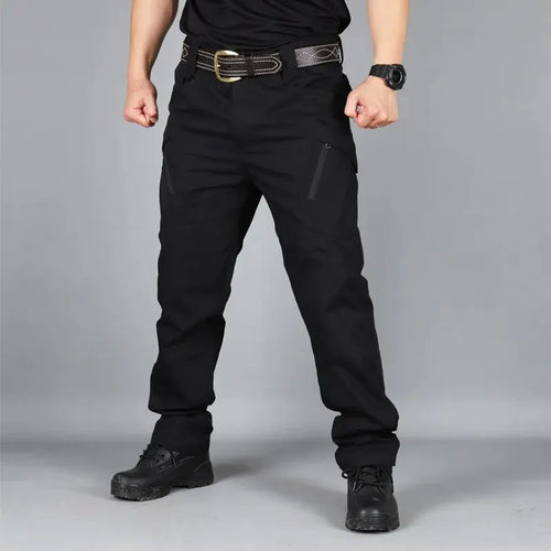 Pantalon cargo tactique homme noir avec poches latérales, coupe confortable pour randonnée, outdoor et travail