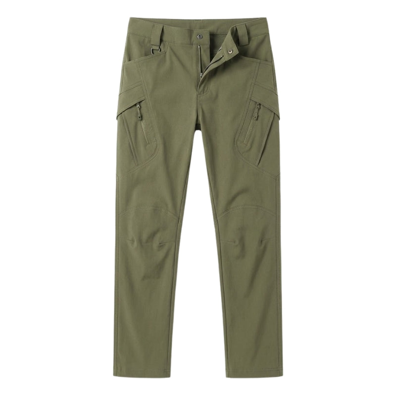 Pantalon tactique homme stretch vert olive avec poches zippées et fermeture boutonnée, coupe confortable pour randonnée et outdoor