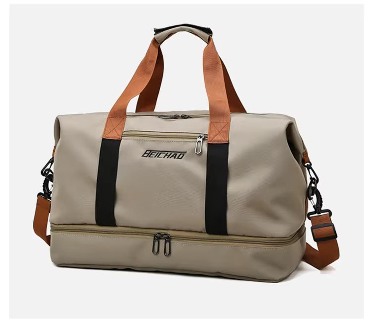 Sac de sport homme femme beige avec compartiment chaussures séparé et bandoulière pour fitness, salle de sport et voyage