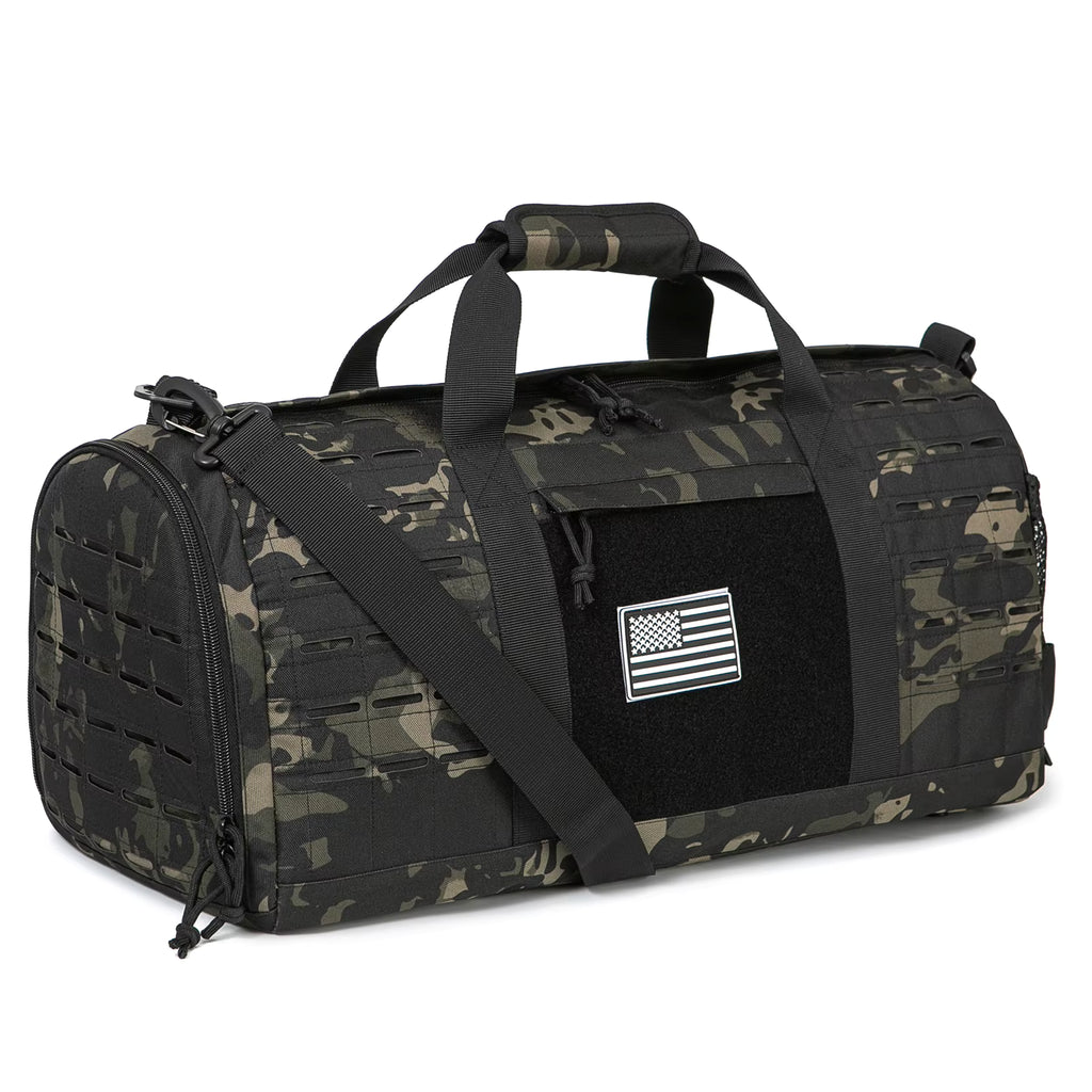 Sac de sport fitness camouflage grande capacité avec bandoulière et compartiment principal pour salle de sport, musculation et entraînement.
