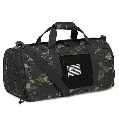 Sac de sport fitness camouflage grande capacité avec bandoulière et compartiment principal pour salle de sport, musculation et entraînement.