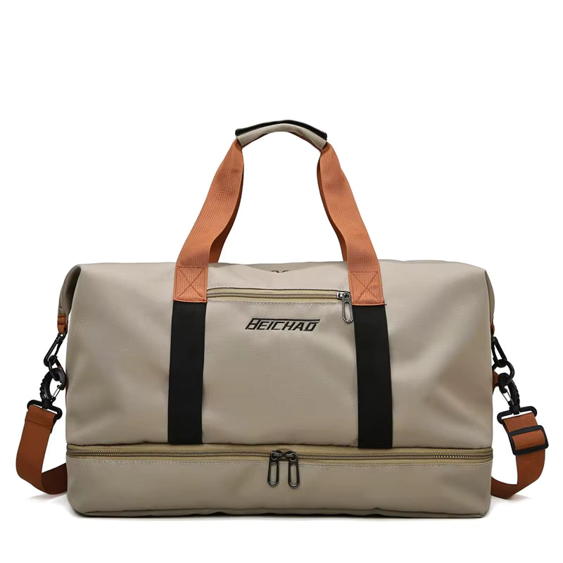 Sac de sport homme femme beige avec compartiment chaussures séparé et bandoulière pour fitness et voyage