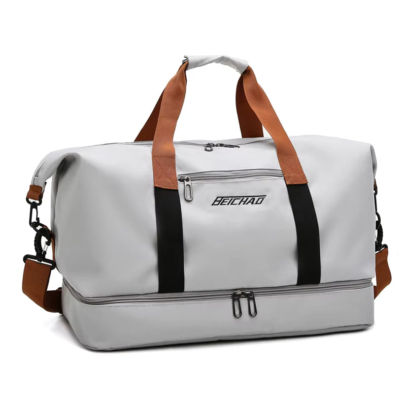 Sac de sport homme femme gris avec compartiment chaussures séparé et bandoulière pour fitness, salle de sport et voyage