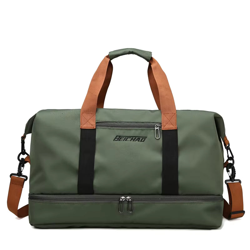 Sac de sport homme femme kaki avec compartiment chaussures séparé et bandoulière pour fitness et voyage