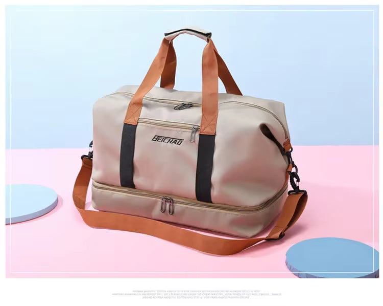 Sac de sport homme femme beige avec compartiment chaussures séparé pour fitness, voyage et salle de sport