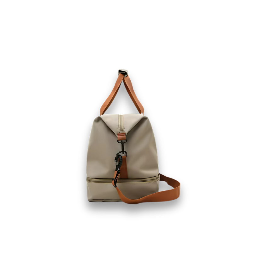 Vue latérale sac de sport homme femme beige avec compartiment chaussures séparé et bandoulière pour fitness et voyage