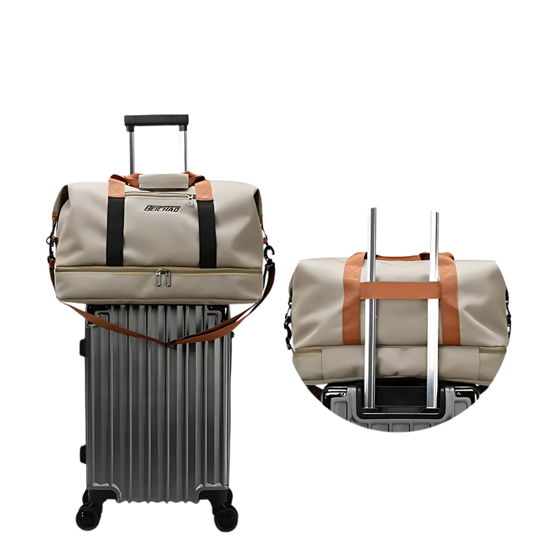 Sac de sport homme femme fixé sur une valise trolley pour voyage avec compartiment chaussures séparé
