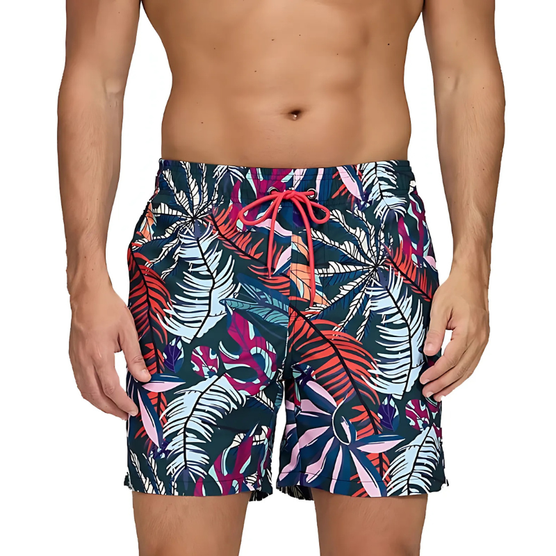 Short de bain homme à imprimé tropical multicolore – feuillage exotique, cordon rose, coupe droite confortable