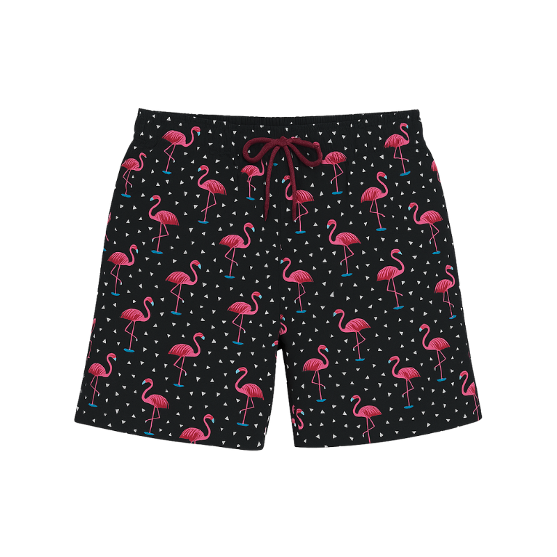 Short de bain homme noir avec motifs flamants roses – style fun et estival, cordon bordeaux ajustable