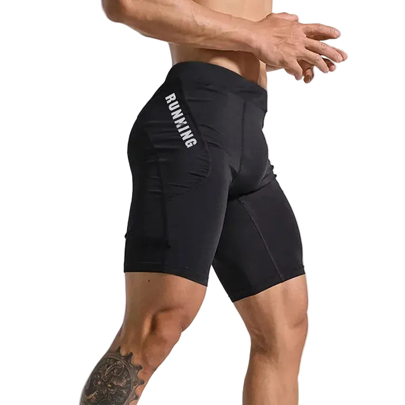 Short compression homme noir running vue profil avec logo, cuissard sport maintien musculaire