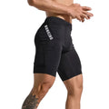 Short compression homme noir running vue profil avec logo, cuissard sport maintien musculaire
