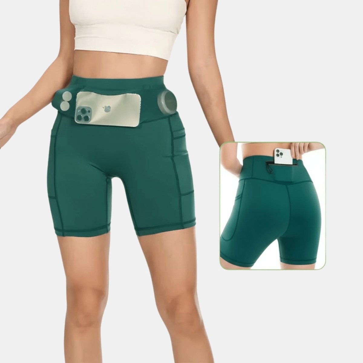 Short gainant femme vert foncé taille haute avec double poche pour téléphone, maintien confortable pour sport, fitness et yoga