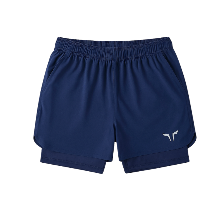 Short de sport homme double couche bleu – léger, respirant, avec cuissard intérieur anti-frottement
