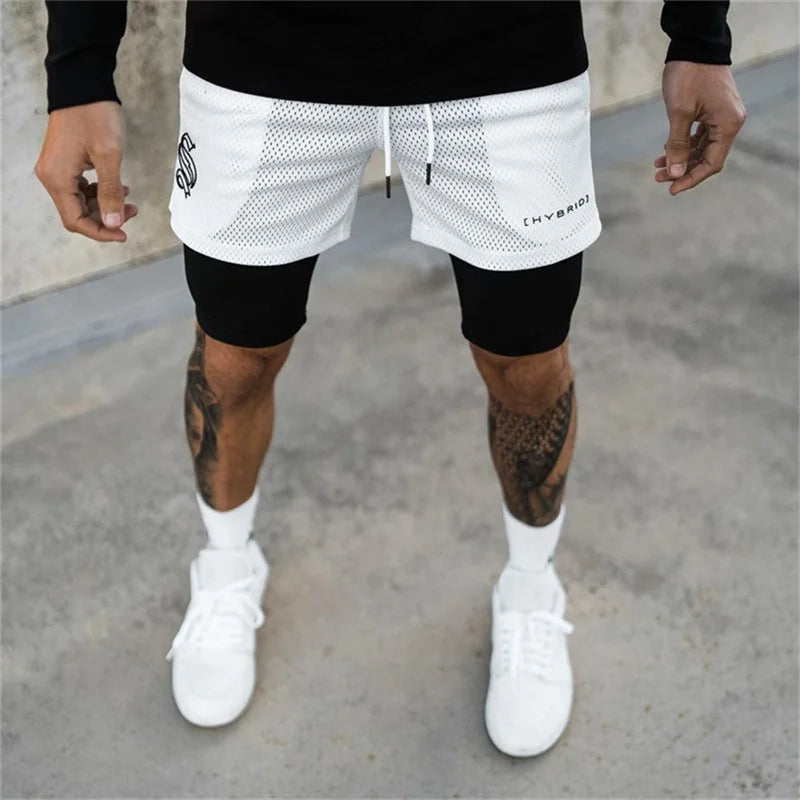Short running homme 2 en 1 blanc avec compression intégrée, tissu mesh respirant, coupe athlétique pour course et fitness
