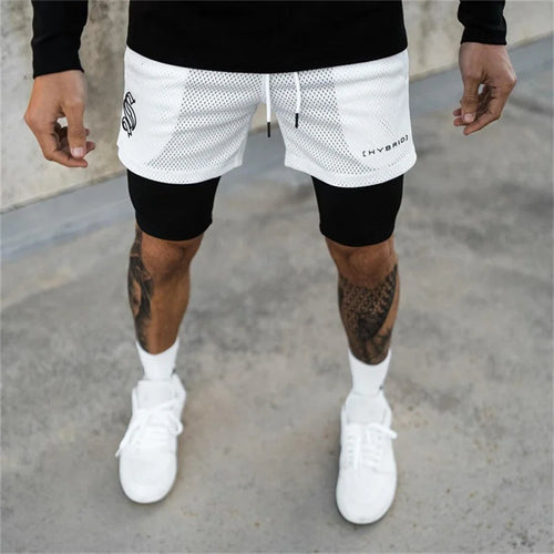 Short running homme 2 en 1 blanc avec compression intégrée, tissu mesh respirant, coupe athlétique pour course et fitness
