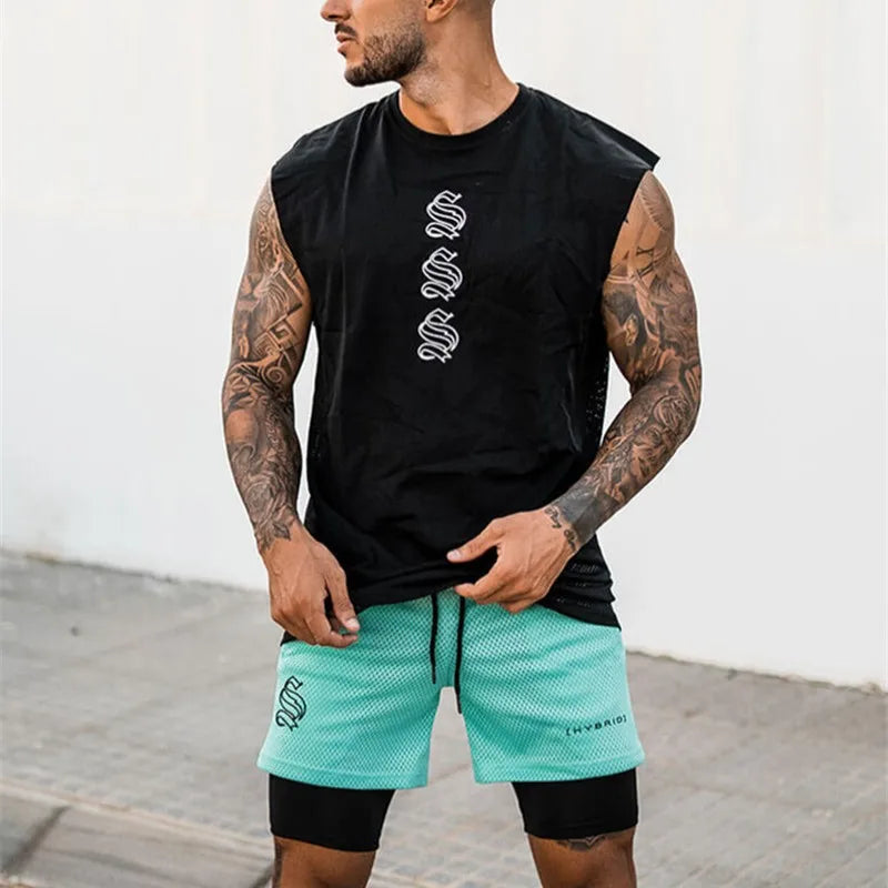 Short running homme vert turquoise 2 en 1 avec sous-short compression noir, tissu respirant pour course et fitness
