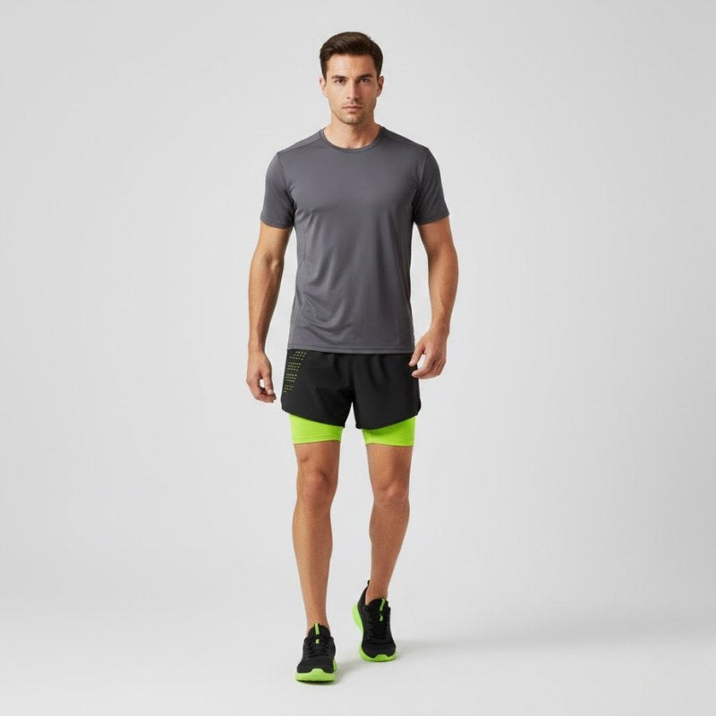 Short running homme 2 en 1 avec doublure compression et poche téléphone, porté par un mannequin en studio, idéal pour course à pied et entraînement.