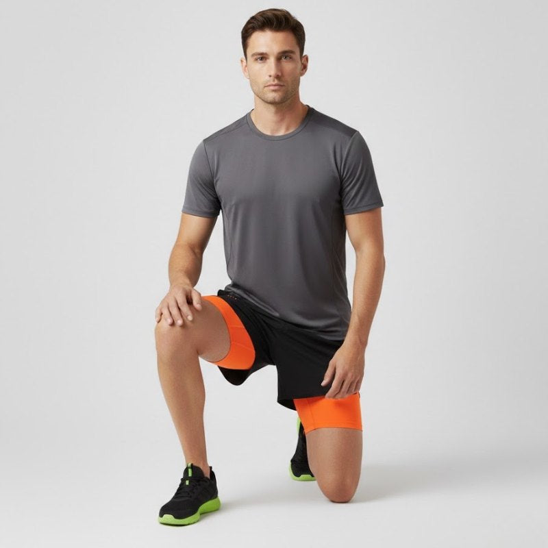 Short running homme 2 en 1 avec doublure compression, porté par un mannequin en position sportive, montrant le maintien et la liberté de mouvement.