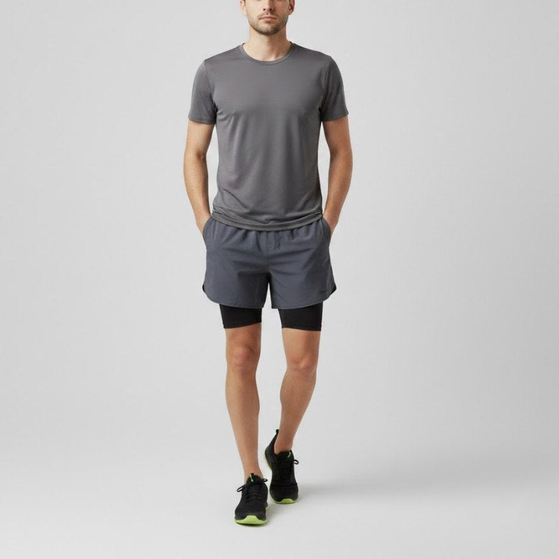 Short running homme 2 en 1 léger et respirant porté par un mannequin en studio, idéal pour course à pied, fitness et entraînement.