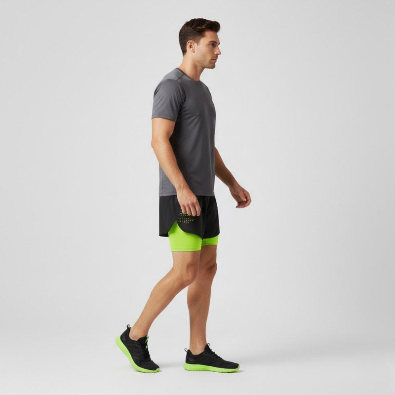 Short running homme 2 en 1 vue profil, coupe athlétique et tissu respirant, porté par un mannequin pour entraînement et course à pied.
