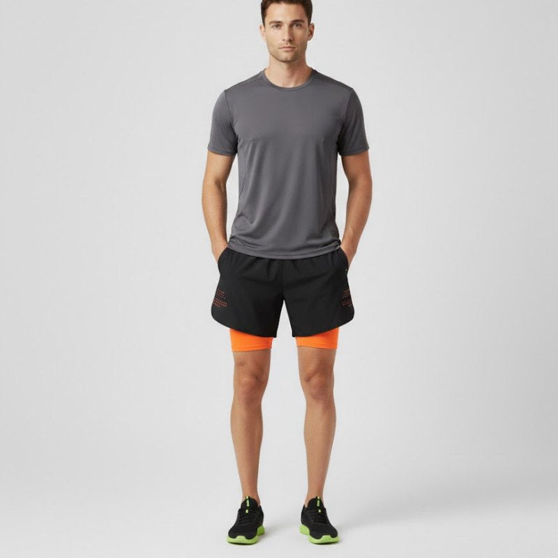 Short sport homme 2 en 1 confortable avec coupe athlétique et poche sécurisée, porté par un mannequin en studio sur fond neutre.