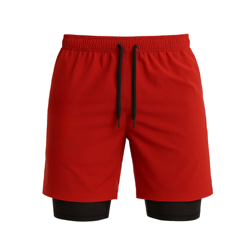 Short de sport homme 2-en-1 rouge avec doublure noire intégrée et cordon de serrage, conçu pour le running, le fitness et les entraînements de haute intensité