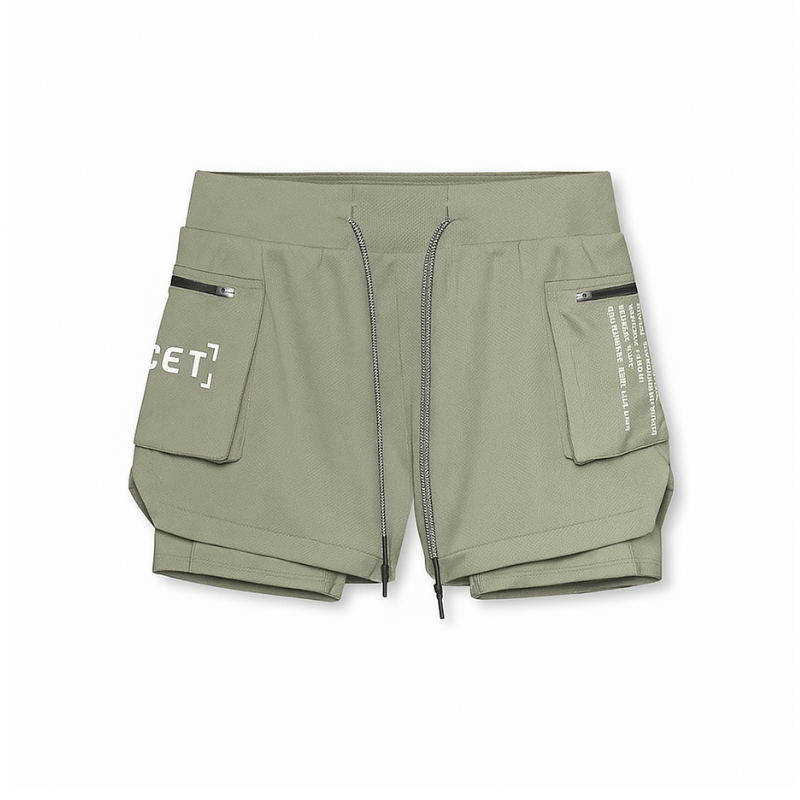 Short de sport homme kaki ECET à cuissard intégré – modèle technique avec poches zippées et design utilitaire.