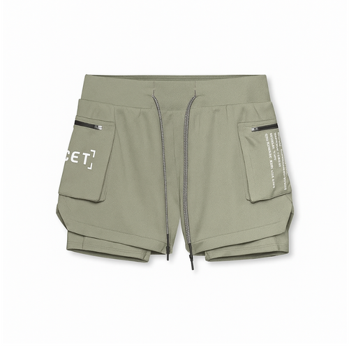 Short de sport homme kaki ECET à cuissard intégré – modèle technique avec poches zippées et design utilitaire.