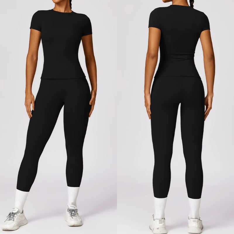 T-shirt sport femme gainant noir, coupe ajustée, vue de face et de dos