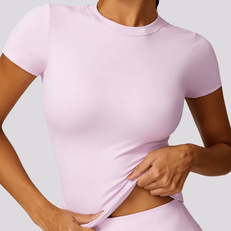 T-shirt sport femme rose poudré, coupe près du corps
