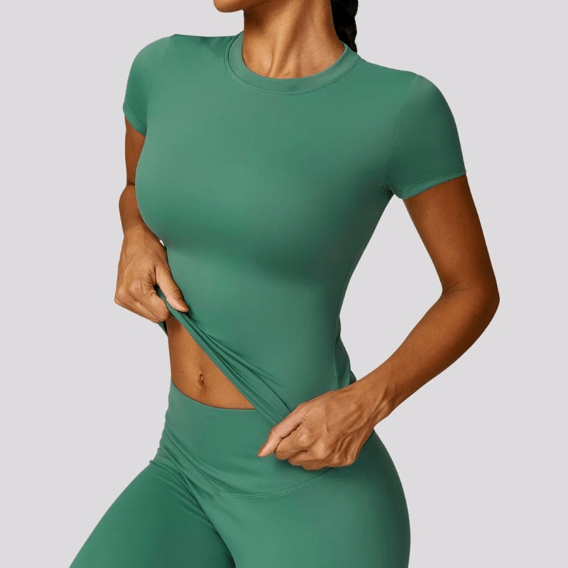 T-shirt sport femme vert eucalyptus, matière extensible et respirante