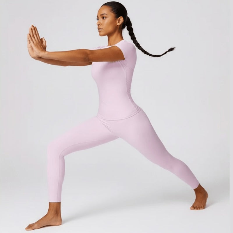 T-shirt de sport femme rose extensible et respirant, idéal pour yoga, fitness et entraînement
