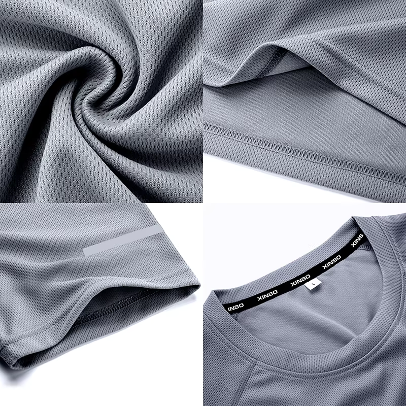 Détails t-shirt sport homme gris : zoom matière polyester respirante, coutures plates, col rond, finition premium