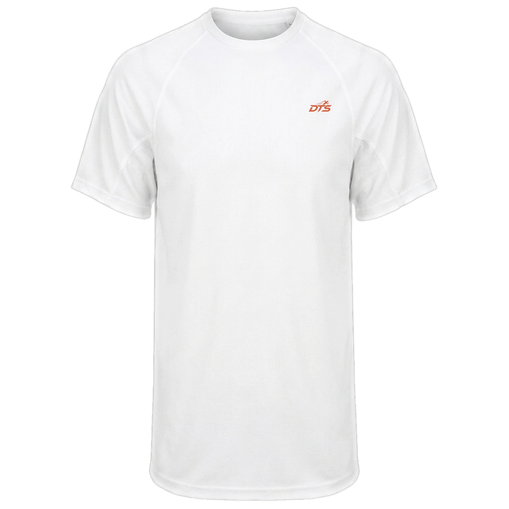 T-shirt de sport homme DTS blanc avec logo orange, vue de face
