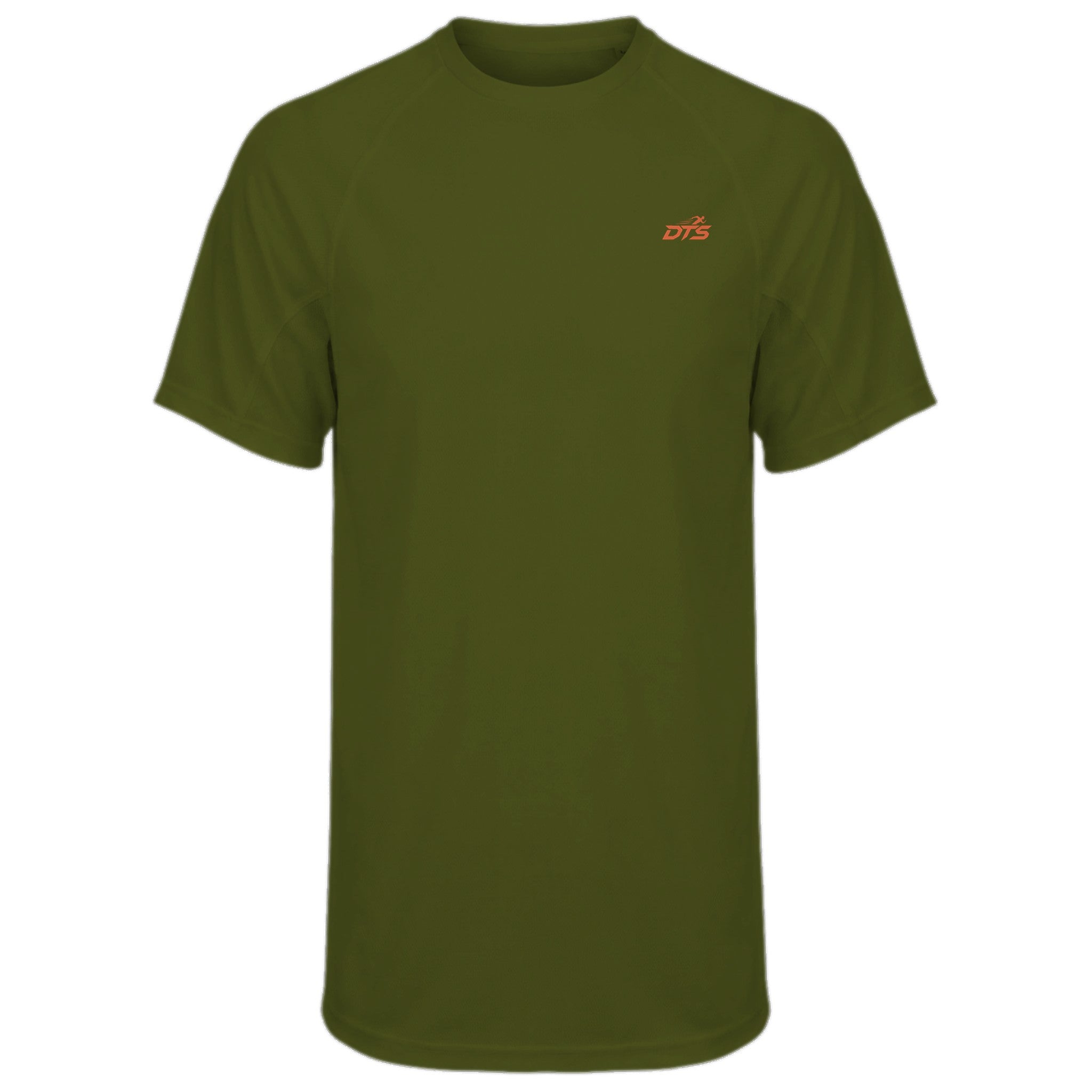 T-shirt de sport homme DTS vert kaki avec logo orange, vue de face