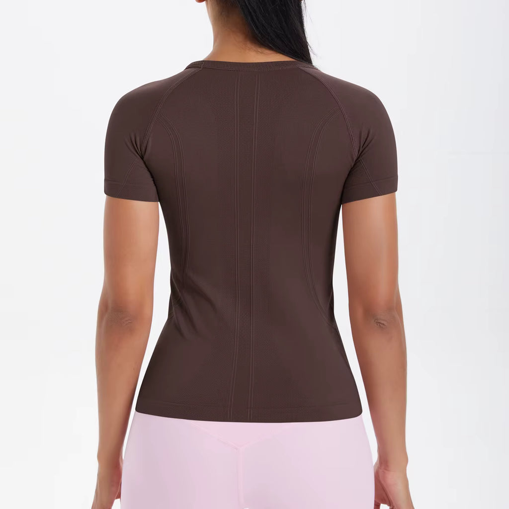  T-shirt sport femme marron avec dos respirant, maintien et liberté de mouvement