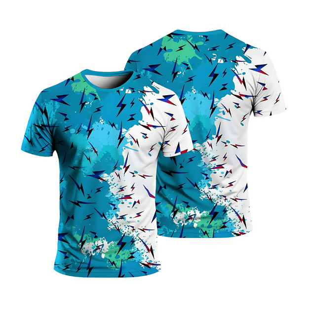 T-shirt de sport homme UltraDry bleu et blanc, motif graphique, vue face et dos, tissu respirant idéal running, musculation, fitness.