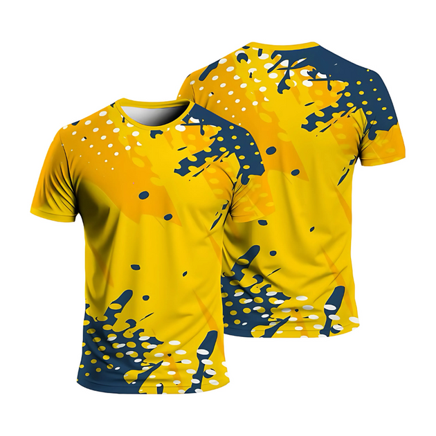 T-shirt de sport homme UltraDry jaune, motif graphique – vue face et dos, tissu respirant, idéal running, musculation, fitness.