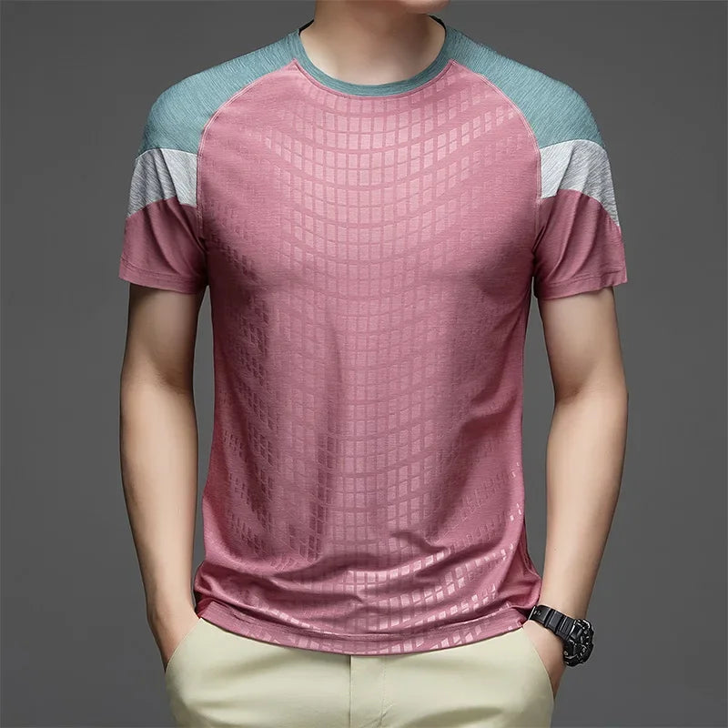 T-shirt de sport homme rose respirant coupe ajustée pour fitness et entraînement
