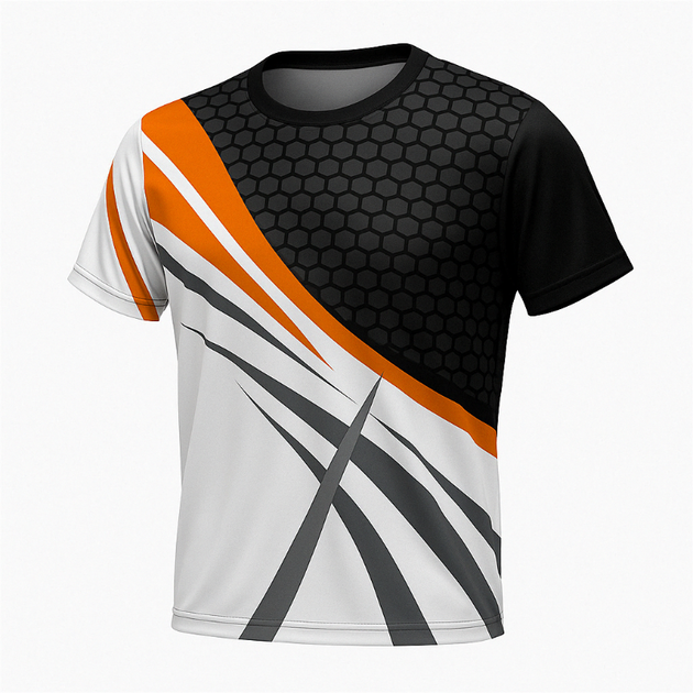 T-shirt sport homme UltraRespire™ blanc, orange et noir, design graphique technique, photo studio sur fond blanc.