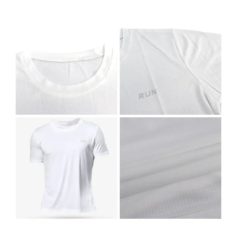 Détails t-shirt sport homme blanc UltraRespire – zoom sur le tissu respirant, coutures plates et logo RUN