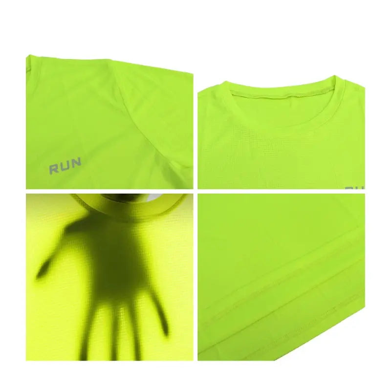 Détails t-shirt UltraRespire homme jaune fluo – zoom sur la texture respirante, logo RUN, tissu ultra léger et transparent
