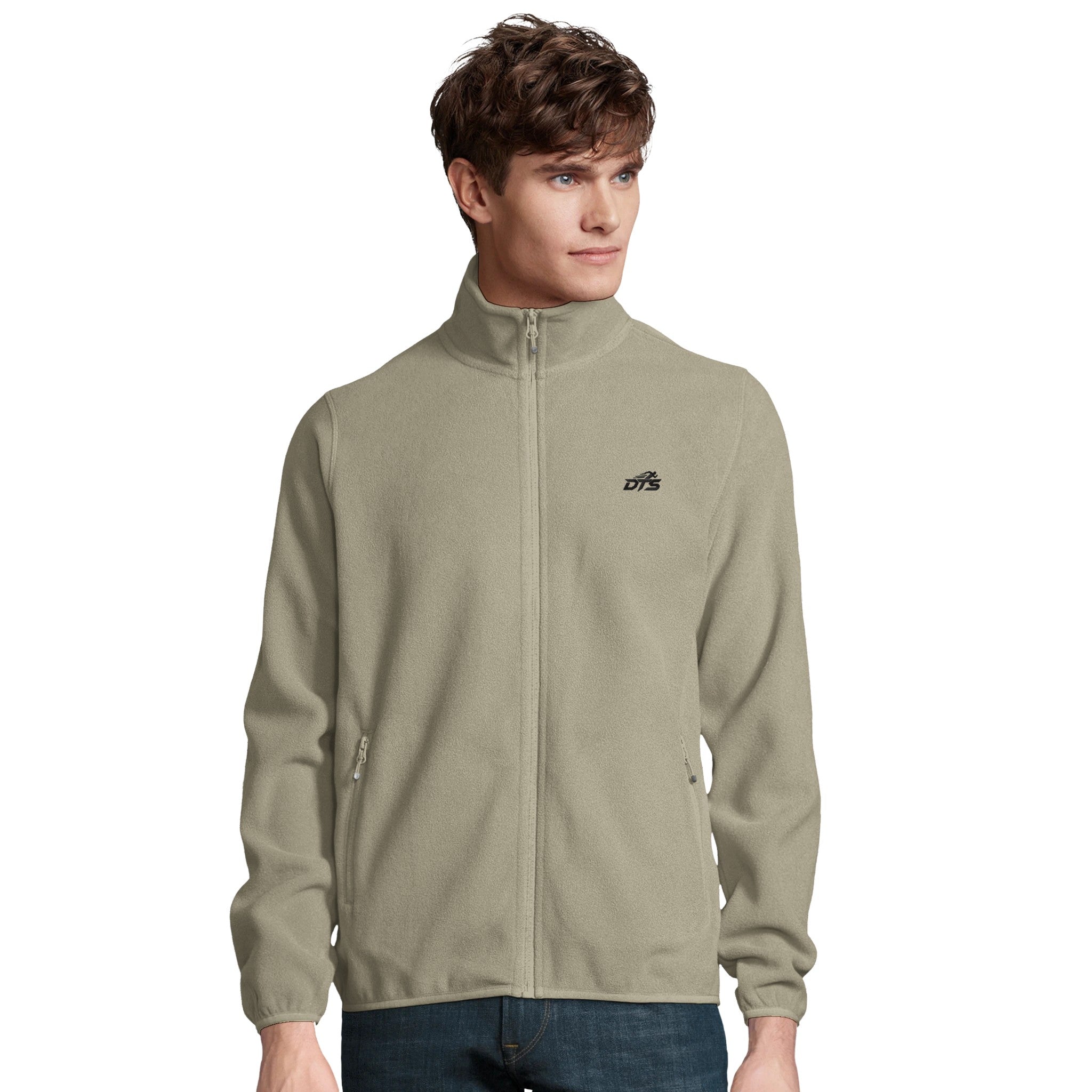 Veste polaire homme DTS™ Essential beige sable avec fermeture zippée et logo brodé premium style sportwear lifestyle minimaliste